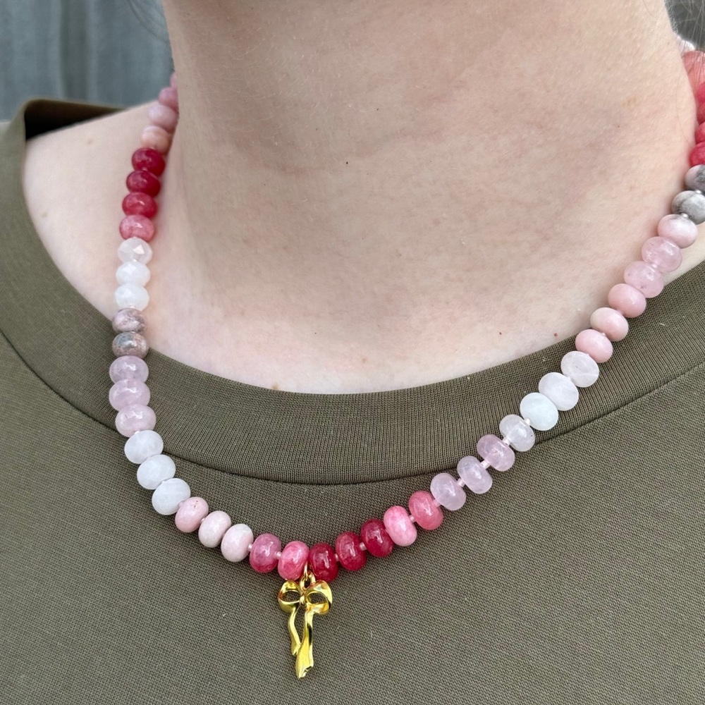 Pink Candy Bead Necklace with Gold Bow Charm Pendant
